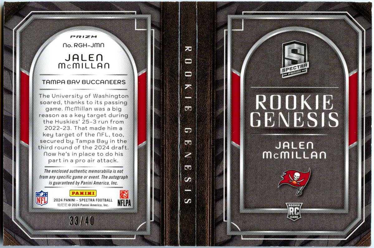 Jalen Mcmillan RC 2024 Panini Spectra Hyper Rookie Genesis Booklet Patch Auto SP 33/40-2