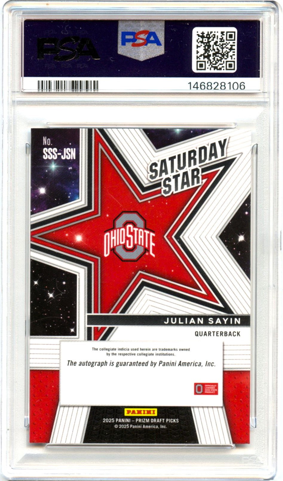 Julian Sayin RC 2025 Panini Prizm Draft Saturday Star Rookie Auto PSA 10
