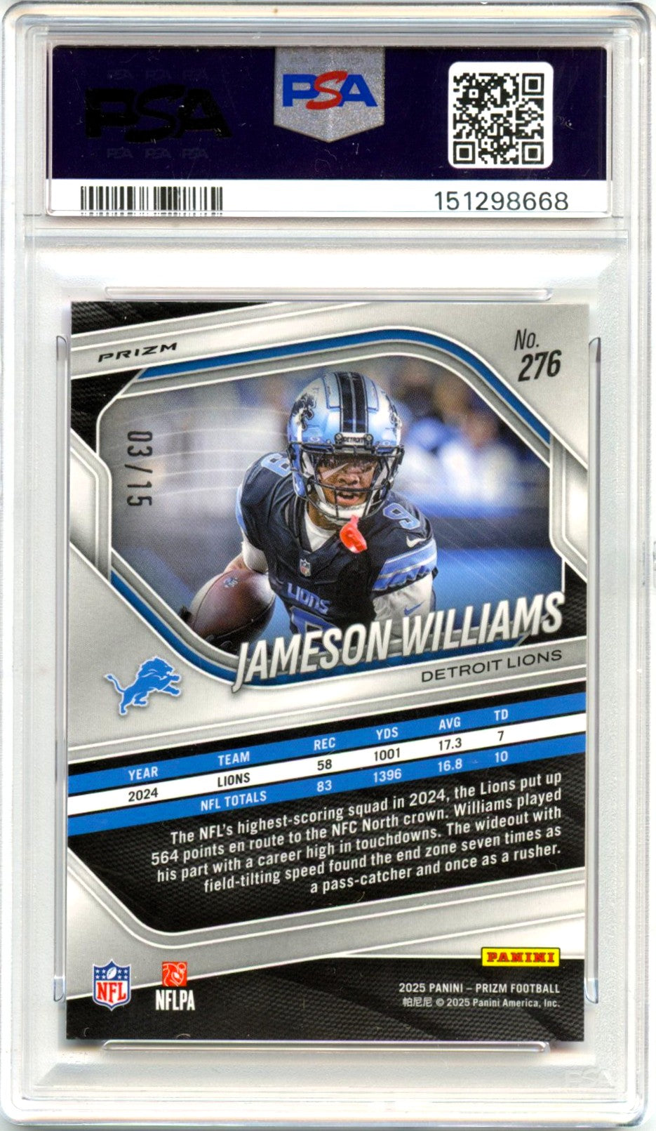 Jameson Williams RC 2025 Panini Prizm Cherry Blossom Choice SP 3/15 PSA 9