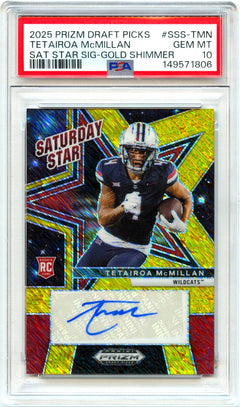 Tetairoa Mcmillan RC 2025 Panini Prizm Draft Gold Shimmer Saturday Star Rookie Auto SP 1/15 PSA 10-1