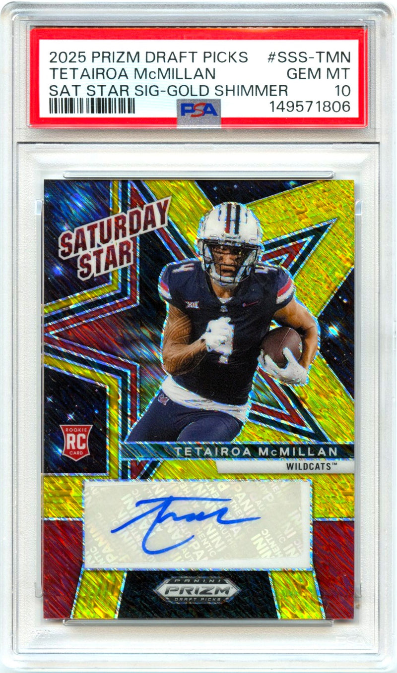 Tetairoa Mcmillan RC 2025 Panini Prizm Draft Gold Shimmer Saturday Star Rookie Auto SP 1/15 PSA 10-1