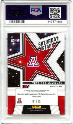 Tetairoa Mcmillan RC 2025 Panini Prizm Draft Gold Shimmer Saturday Star Rookie Auto SP 1/15 PSA 10-2