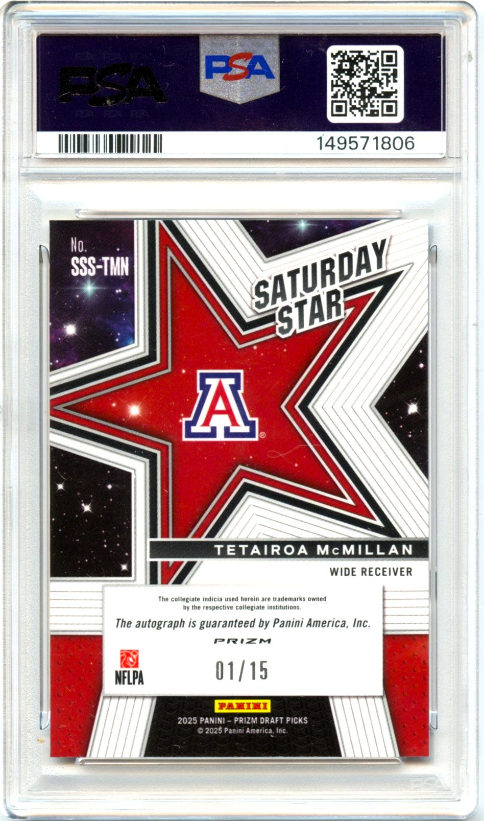 Tetairoa Mcmillan RC 2025 Panini Prizm Draft Gold Shimmer Saturday Star Rookie Auto SP 1/15 PSA 10