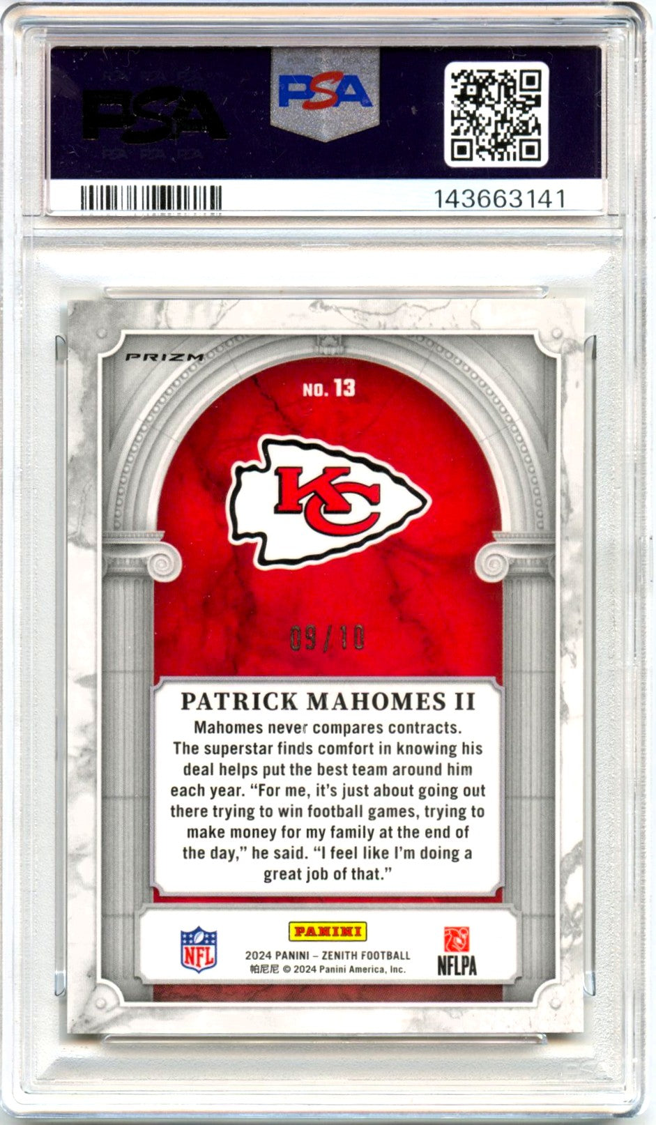 Patrick Mahomes II 2024 Panini Zenith Gold Z Marquee SP 9/10 PSA 8
