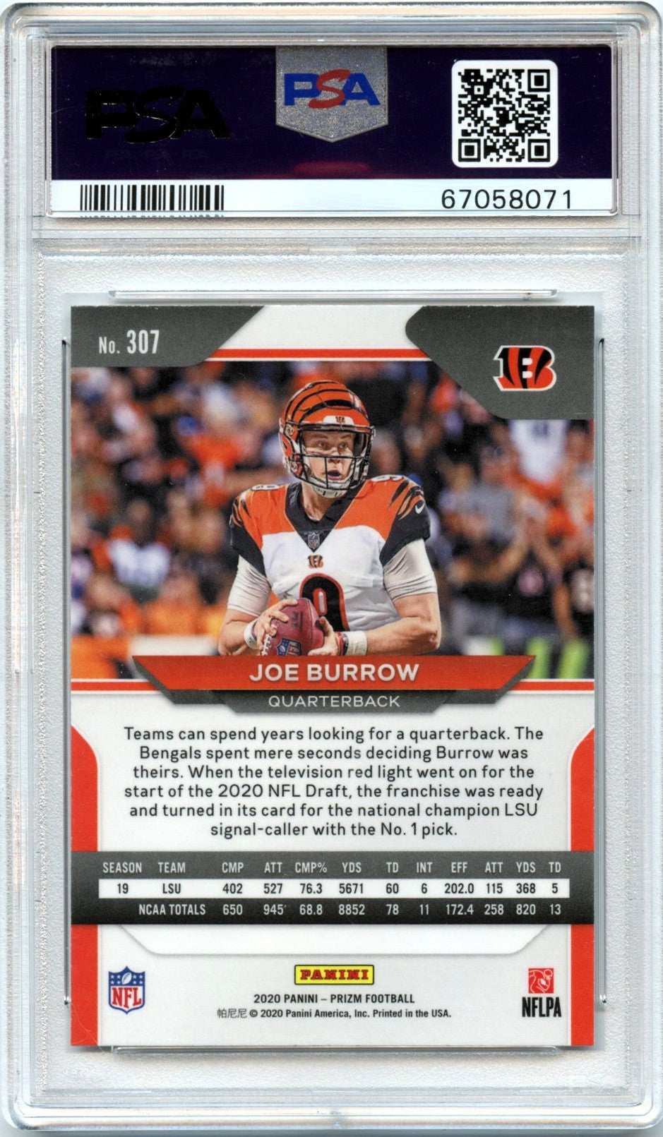 Joe Burrow RC 2020 Panini Prizm Rookie #307 PSA 10-2