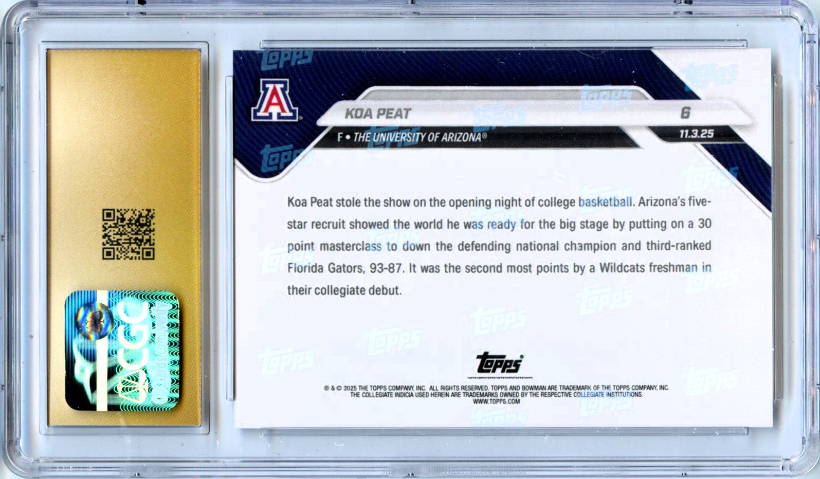 Koa Peat RC 2025-26 Bowman U Now Rookie #6 CGC 10 Pristine-2