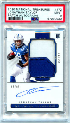 Jonathan Taylor RC 2020 National Treasures Rookie Patch Auto SP 63/99 PSA 9-1