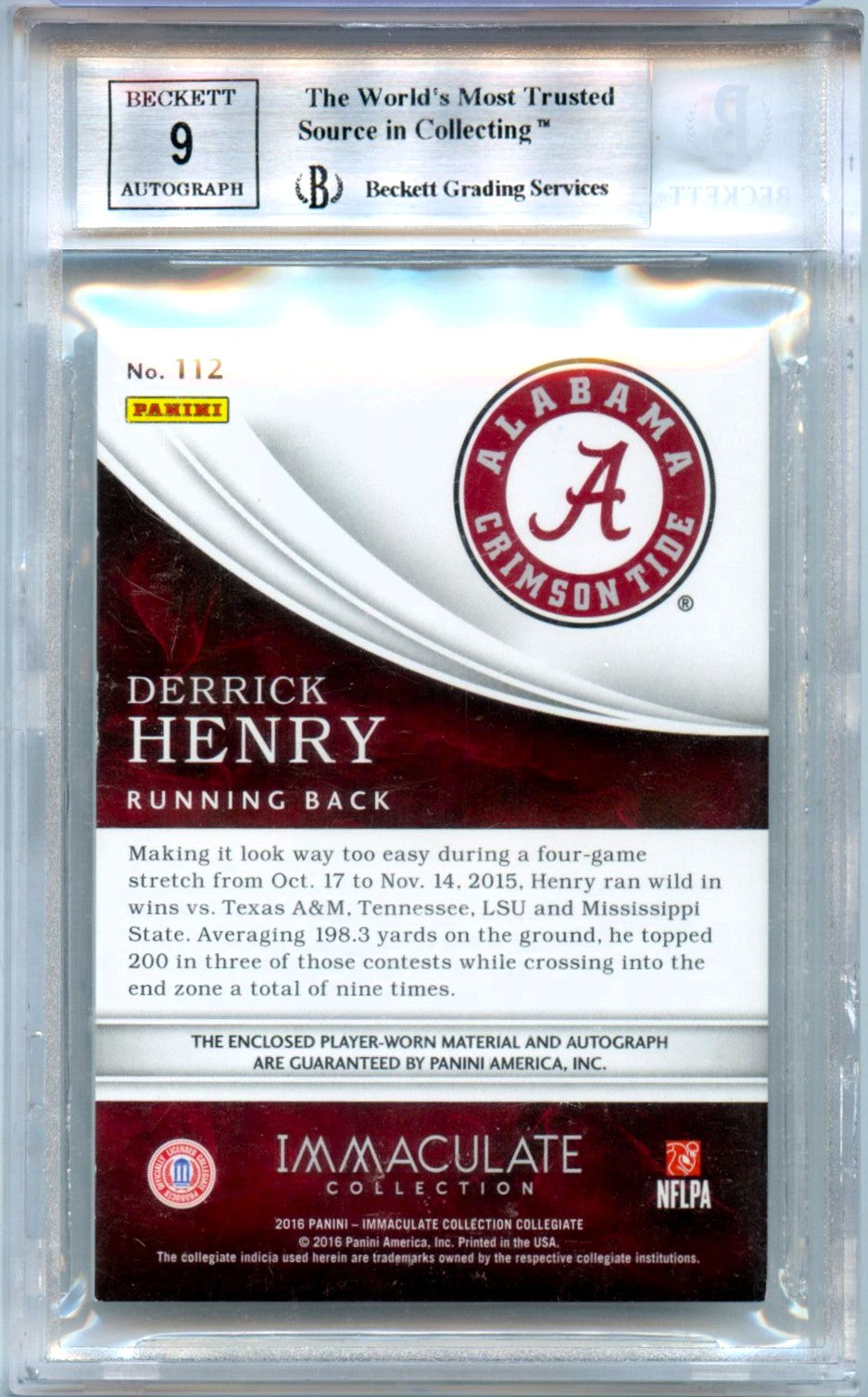 Derrick Henry RC 2016 Immaculate Collegiate Gold Rookie Patch Auto SP 8/25 BGS 8.5-2