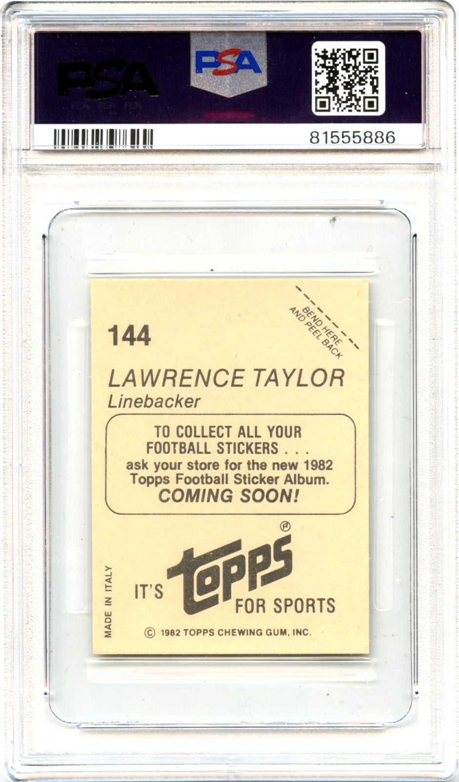 Lawrence Taylor 1982 Topps Stickers Coming Soon #144 PSA 9-2