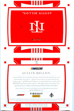 Austin Dillon 2020 National Treasures NASCAR Booklet Platinum Race Used Fire Suit Patch Auto SP 1/1-2