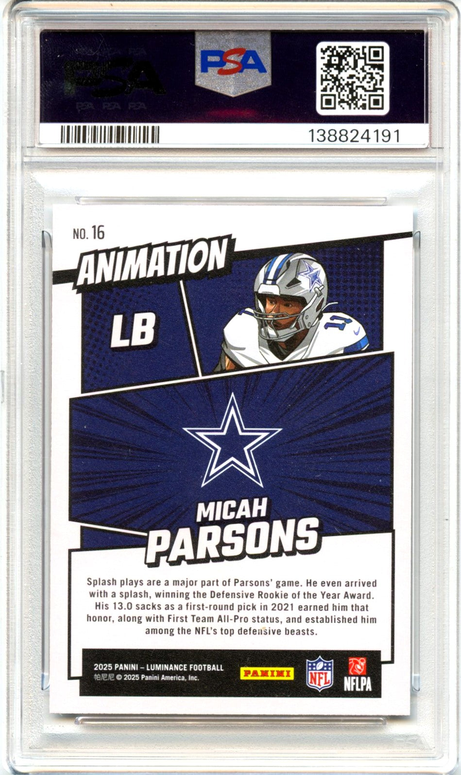 Micah Parsons 2025 Panini Luminance Animation Case Hit SSP #16 PSA 10-2