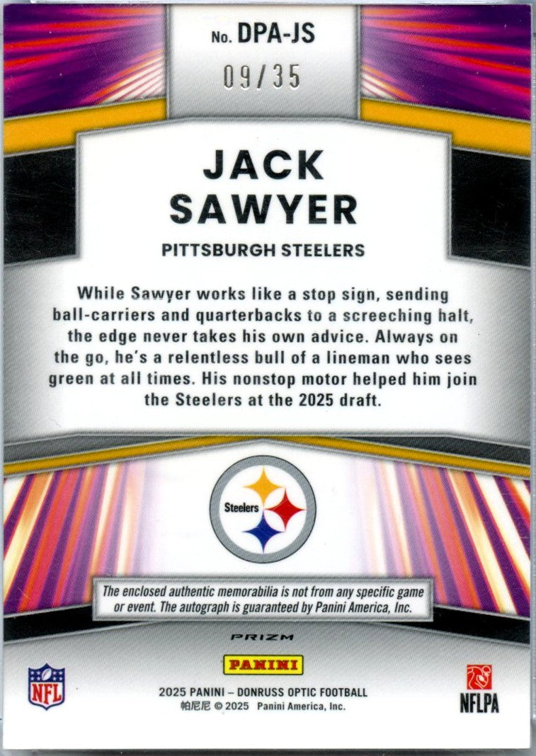 Jack Sawyer RC 2025 Donruss Optic Dynamic Rookie Patch Auto SP 9/35-2