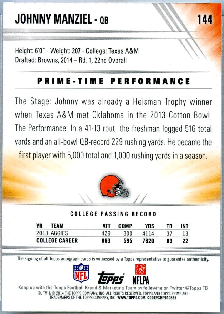 Johnny Manziel RC 2014 Topps Prime Rookie Auto SP 15/75-2