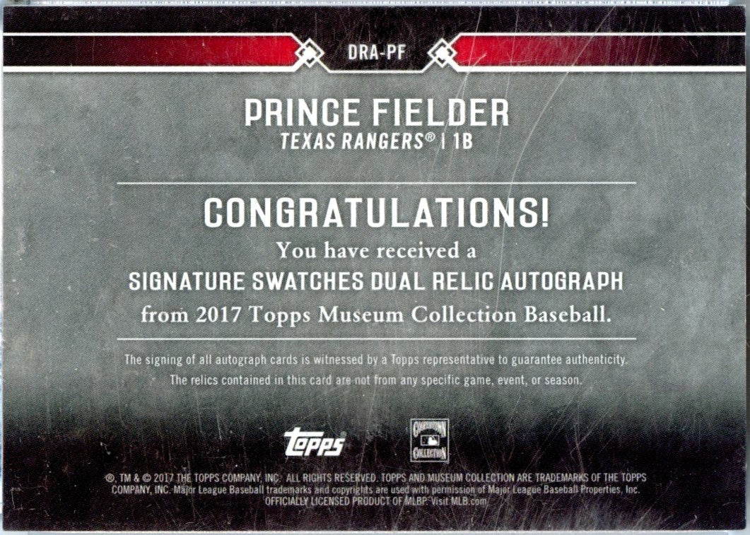 Prince Fielder 2017 Topps Museum Collection Dual Game Used Patch Auto SP 14/25-2