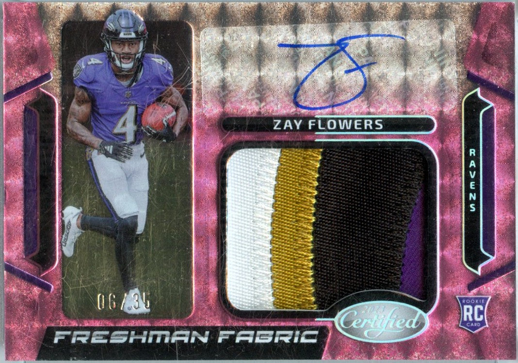 Zay Flowers RC 2023 Panini Certified Pink Freshman Fabric Rookie Patch Auto SP 6/35