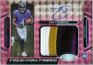 Zay Flowers RC 2023 Panini Certified Pink Freshman Fabric Rookie Patch Auto SP 6/35