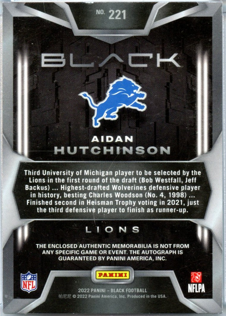 Aidan Hutchinson RC 2022 Panini Black Silver Ink Rookie Patch Auto SP 58/99-2