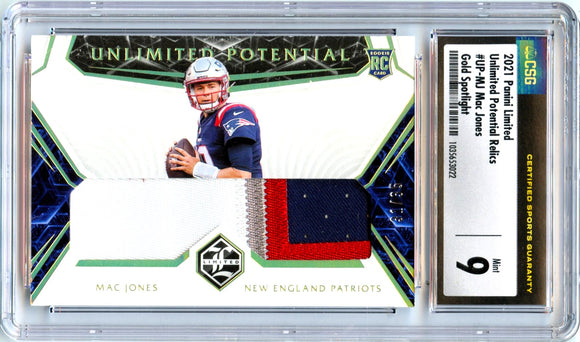 Product Mac Jones RC 2021 Panini Limited Unlimited Potential Gold Rookie Patch SP 31/35 CSG 9 Link