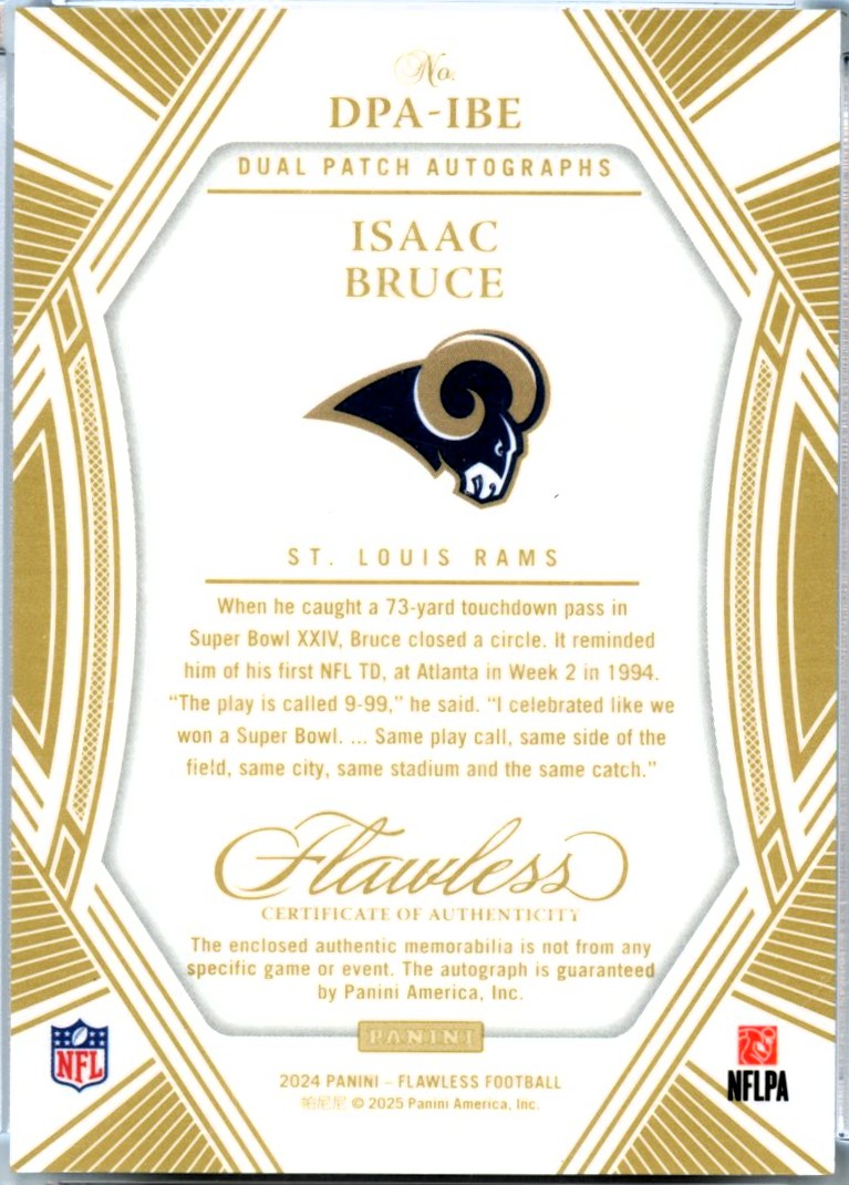 Isaac Bruce 2024 Flawless Holo Gold Dual Jersey Patch Auto SP 6/25-2