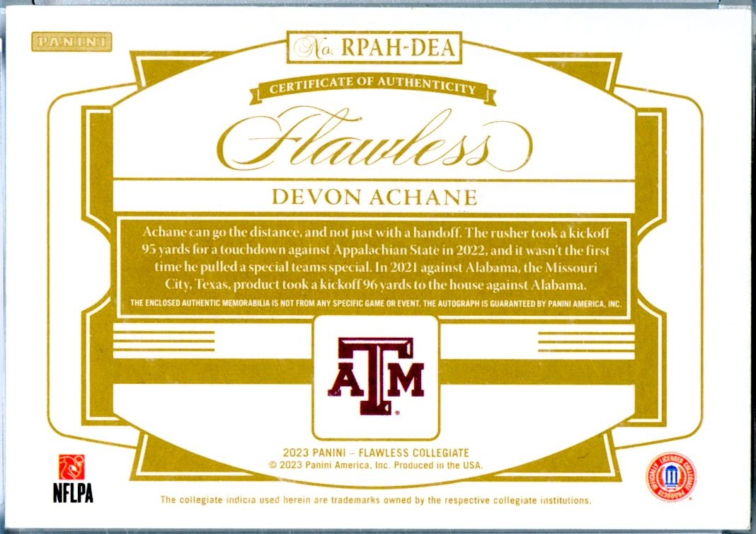 Devon Achane RC 2023 Flawless Collegiate Holo Gold Rookie Patch Auto SP 4/10-2