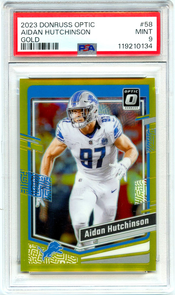 Product Aidan Hutchinson 2023 Donruss Optic Gold Prizm SP 5/10 PSA 9 Link