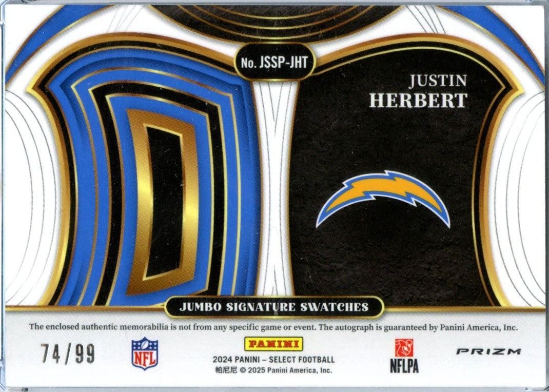 Justin Herbert 2024 Panini Select Silver Jersey Patch Auto SP 74/99-2