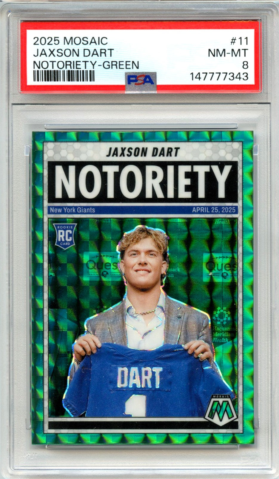 Jaxson Dart RC 2025 Panini Mosaic Green Notoriety Rookie #11 PSA 8-1