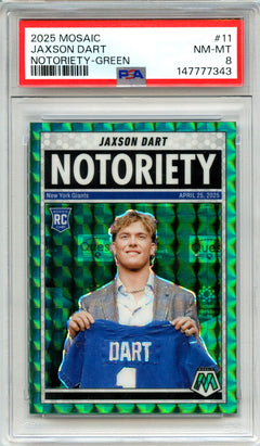 Jaxson Dart RC 2025 Panini Mosaic Green Notoriety Rookie #11 PSA 8-1