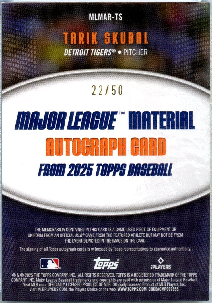 Tarik Skubal 2025 Topps Major League Material Game Used Patch Auto SP 22/50