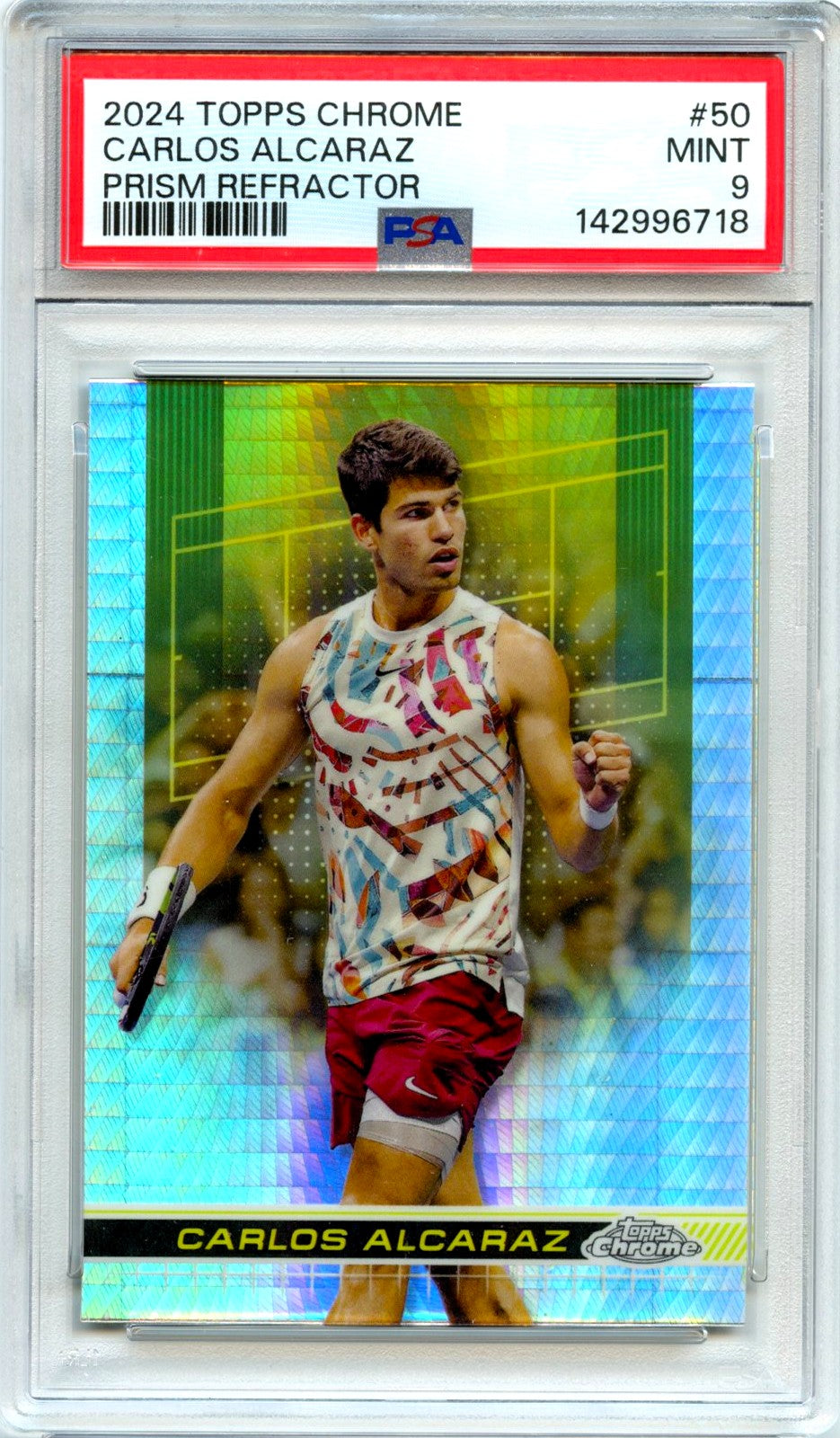 Carlos Alcaraz 2024 Topps Chrome Tennis Prism Refractor #50 PSA 9-1