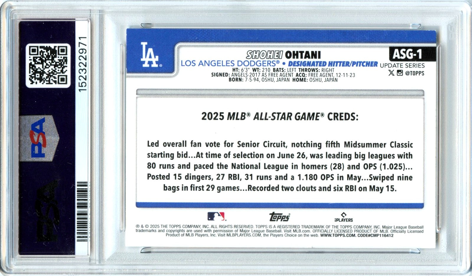 Shohei Ohtani 2025 Topps Update 2025 All Star Game #1 PSA 8-2
