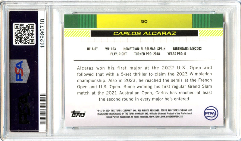 Carlos Alcaraz 2024 Topps Chrome Tennis Prism Refractor #50 PSA 9-2