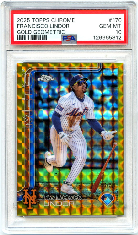 Product Francisco Lindor 2025 Topps Chrome Gold Geometric SP 46/50 PSA 10 Link