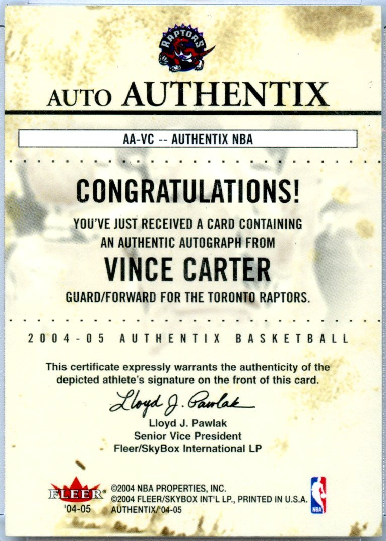 Vince Carter 2004-05 Fleer Authentix Game 15 Auto SP 9/15