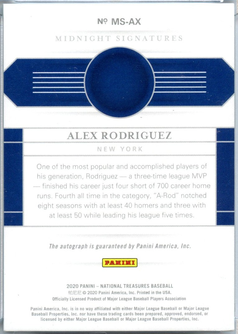 Alex Rodriguez 2020 National Treasures Midnight Signatures Auto SP 3/10-2