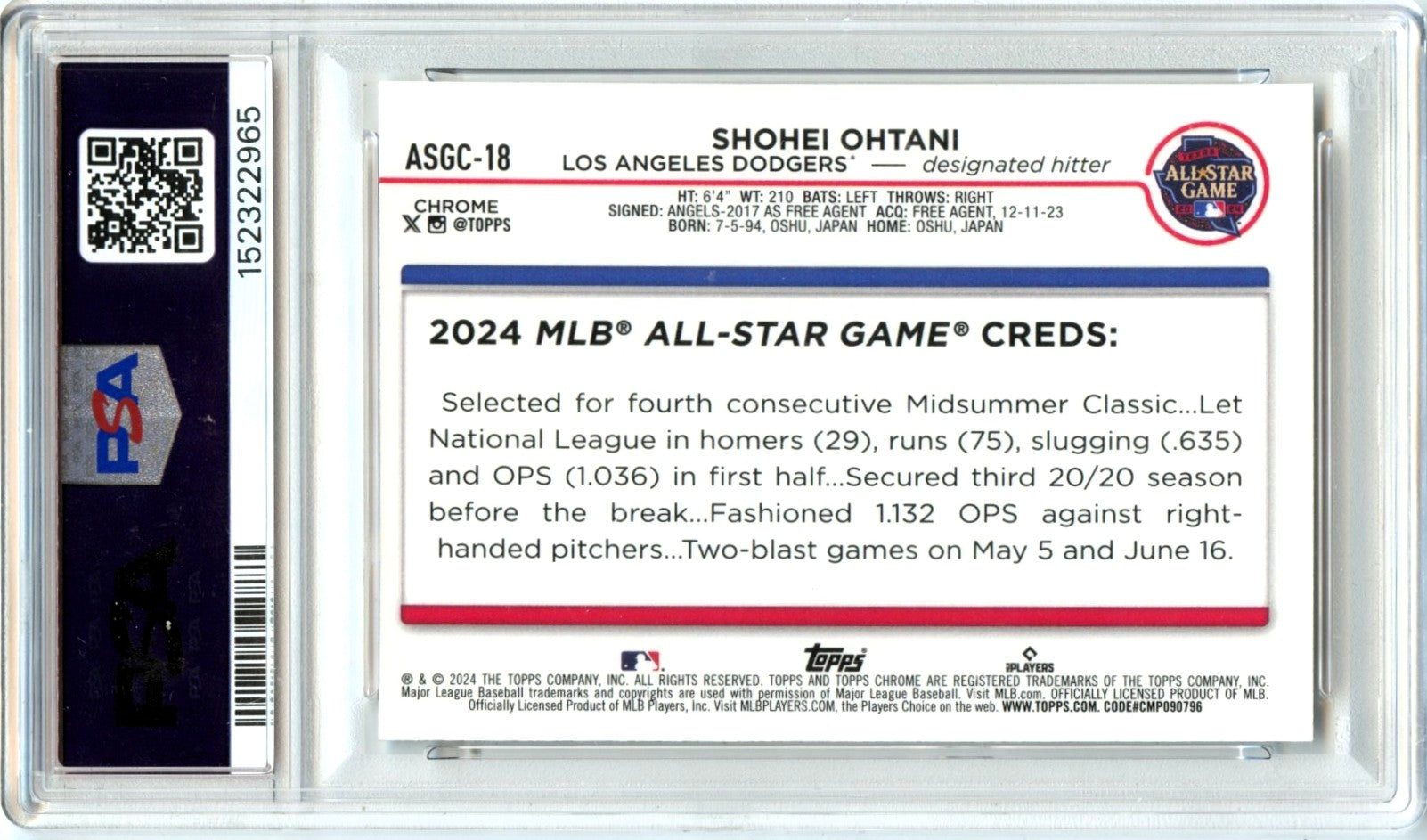 Shohei Ohtani 2024 Topps Chrome Update All Star Game #18 PSA 9-2