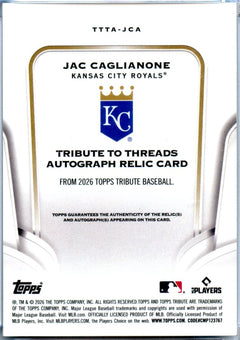Jac Caglianone 2026 Topps Tribute To Threads Game Used Patch Auto SP 41/99-2