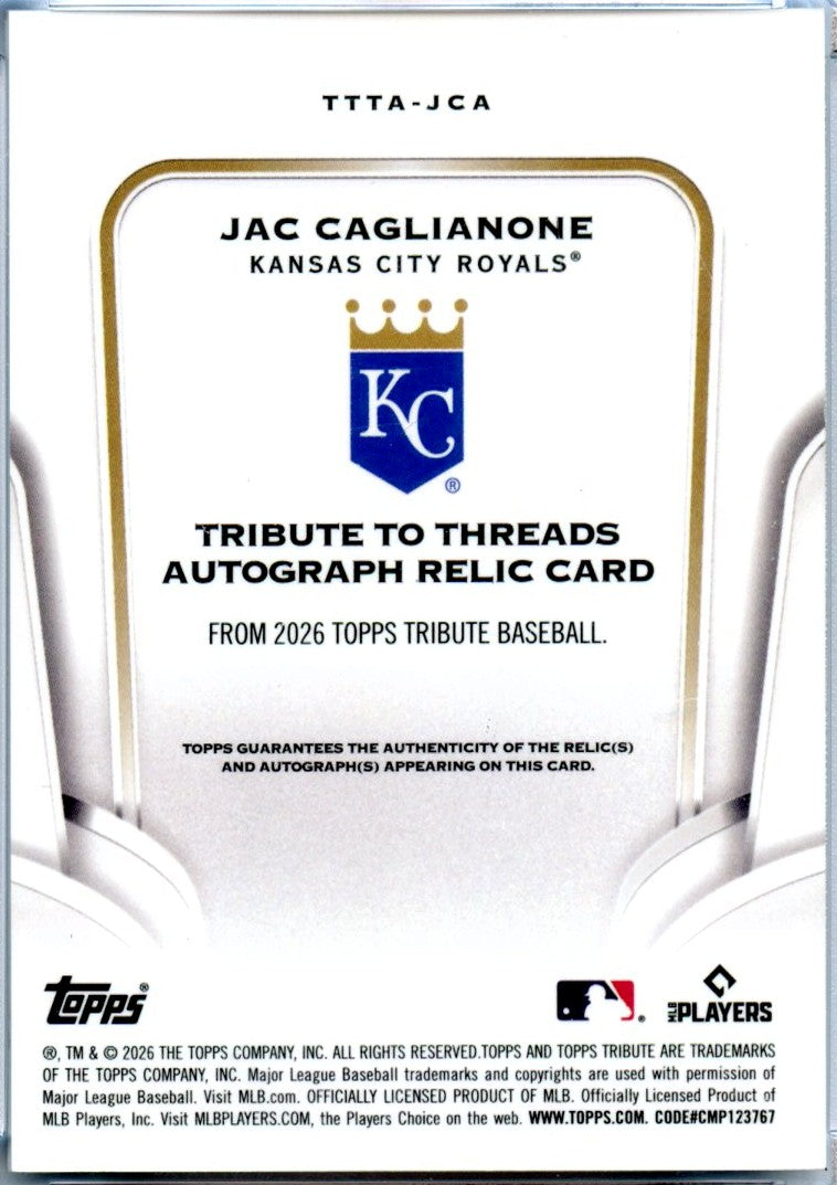 Jac Caglianone 2026 Topps Tribute To Threads Game Used Patch Auto SP 41/99-2