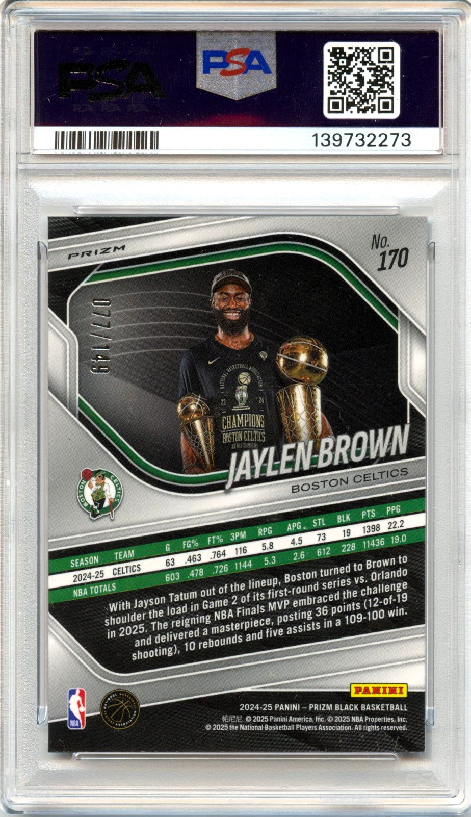 Jaylen Brown 2024-25 Panini Prizm Black Purple Ice SP 77/149 PSA 9-2