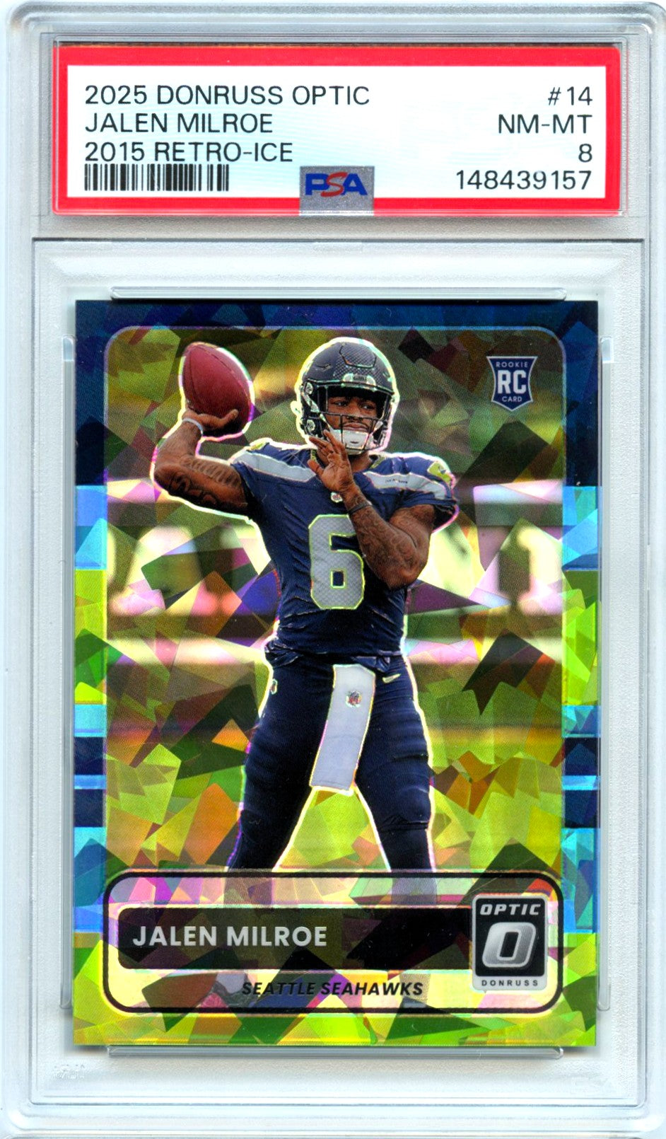 Jalen Milroe RC 2025 Donruss Optic 2015 Retro Ice Rookie SP 18/55 PSA 8-1
