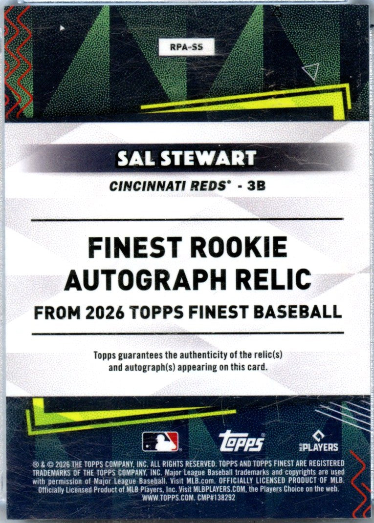Sal Stewart RC 2026 Topps Finest Rookie Jersey Patch Auto-2