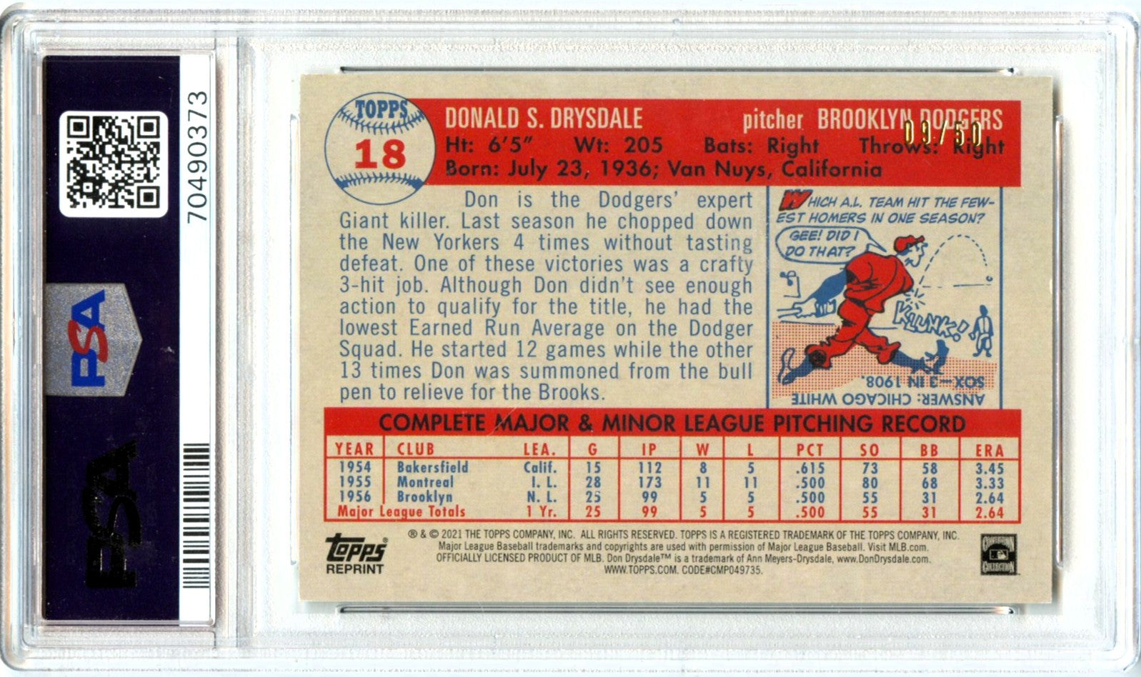Don Drysdale 2021 Topps All Star Rookie Cup 1952 Retro Gold Foil SP 9/50 PSA 10-2