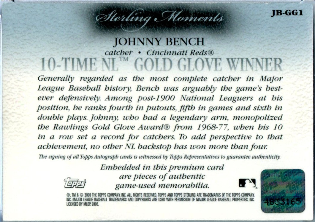 Johnny Bench 2006 Topps Sterling Game Used Patch Auto SP 10/10-2