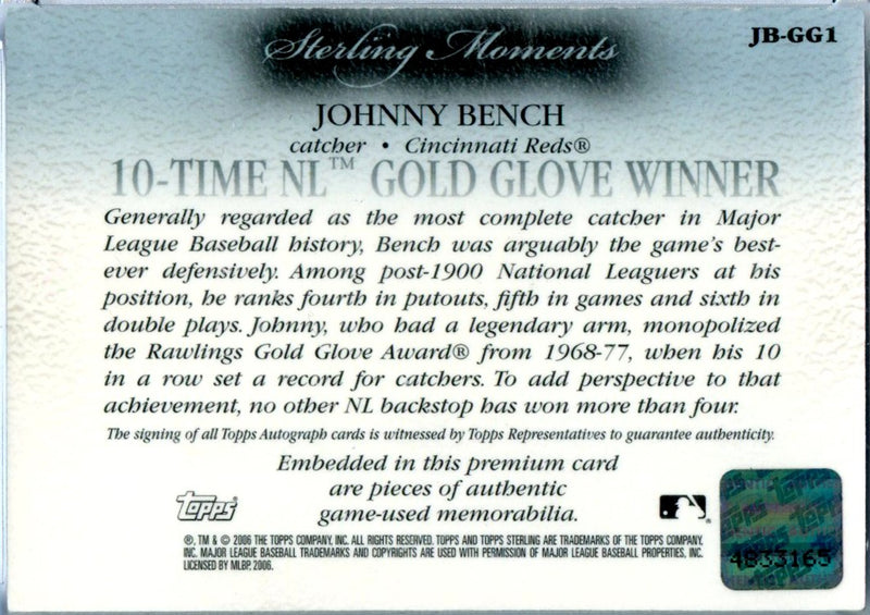 Johnny Bench 2006 Topps Sterling Game Used Patch Auto SP 10/10-2