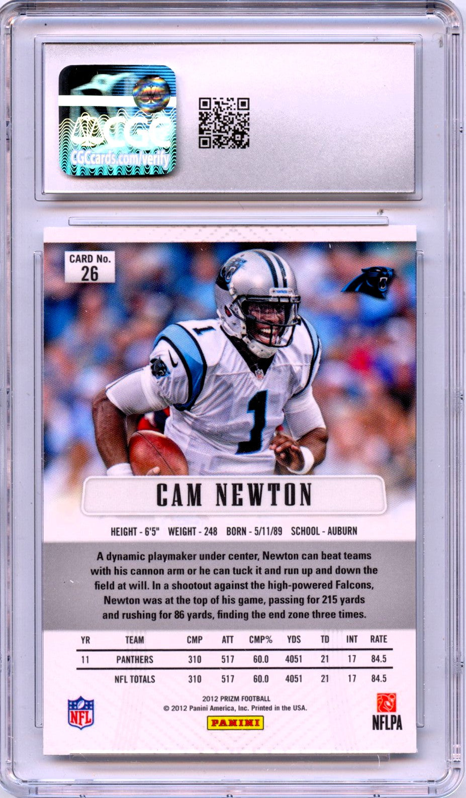 Cam Newton 2012 Panini Prizm First Year #26 CGC 10