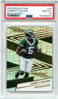 Garrett Wilson 2025 Panini Revolution Gold Levels SP 7/10 PSA 10-1