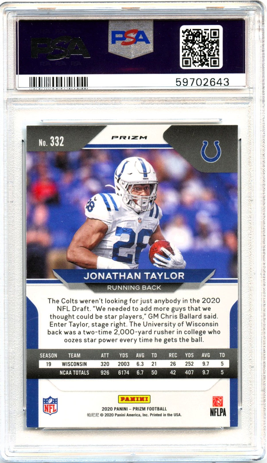 Jonathan Taylor RC 2020 Panini Prizm Silver Rookie #332 PSA 9
