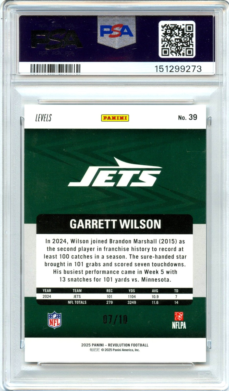 Garrett Wilson 2025 Panini Revolution Gold Levels SP 7/10 PSA 10-2