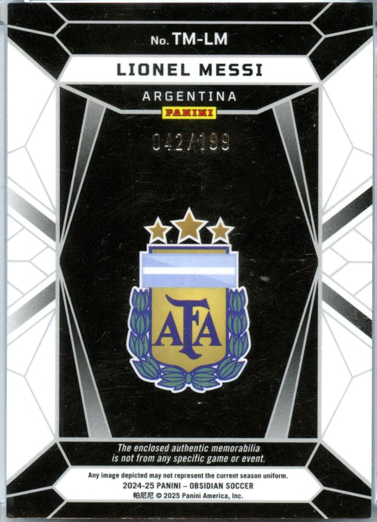 Lionel Messi 2024-25 Panini Obsidian Trifecta Triple Patch SP 42/199-2