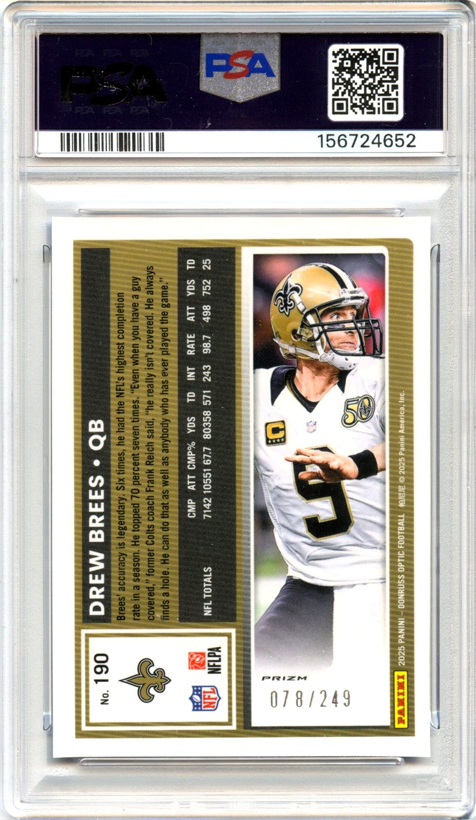 Drew Brees 2025 Donruss Optic Blue Prizm SP 78/249 PSA 10-2